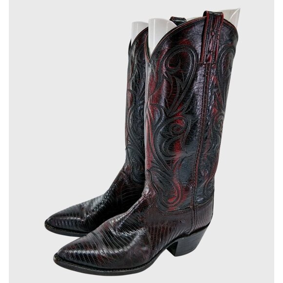 Dan Post Boots Womens Size 6.5 Black Red Western Cowgirl Pointed Toe Lizard USA - Picture 1 of 16